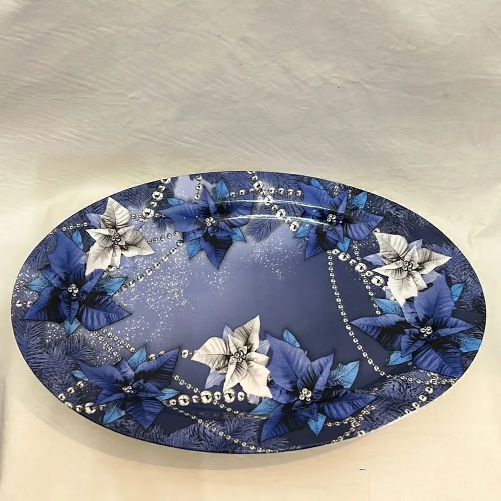 Christmas Platter Blue Silver White 11 Inch Wide 16 Inch Long Oval Serving Plate
